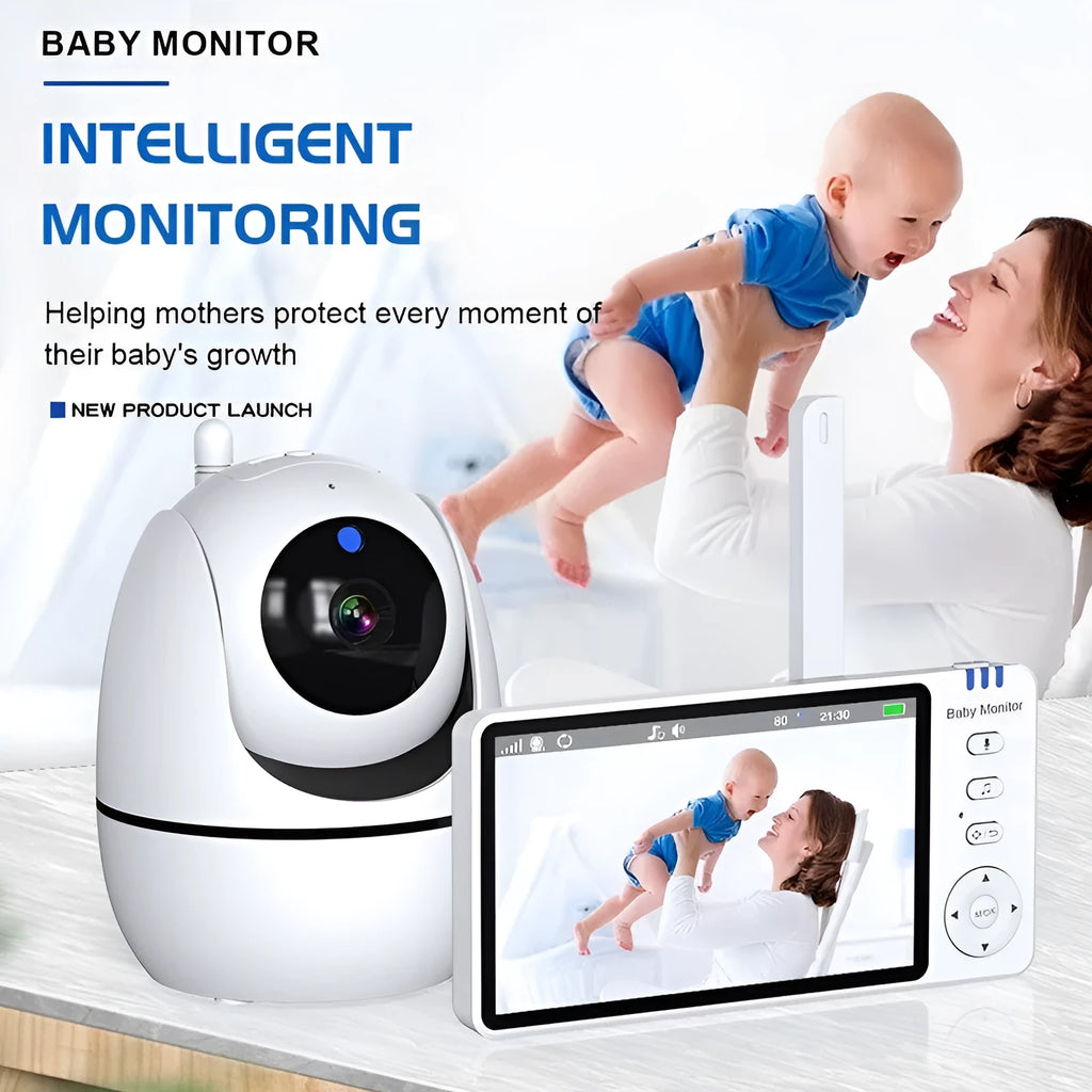 White 5-inch HD wireless baby monitor and camera on a nursery shelf