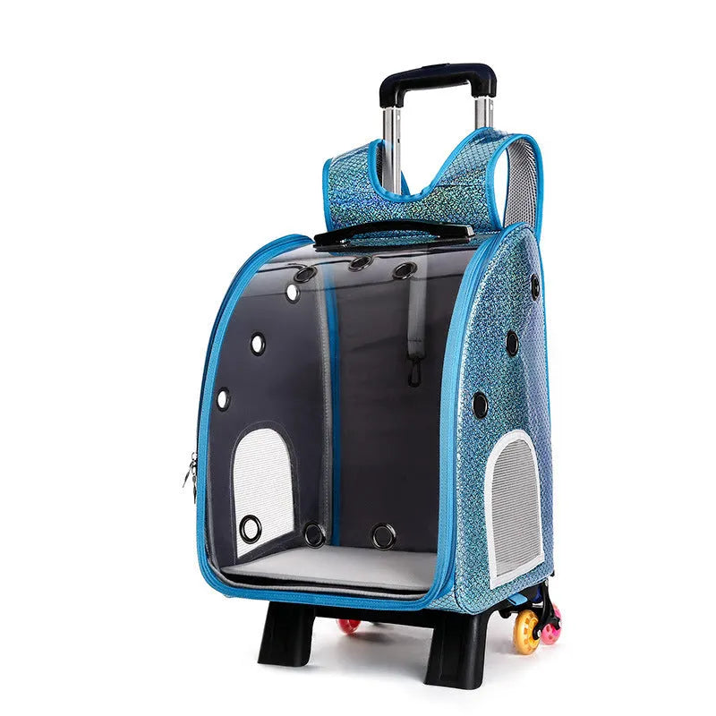 Transparent pet trolley with acrylic cover showing 12 Jin capacity for small dogs and cats with folding shoulder design