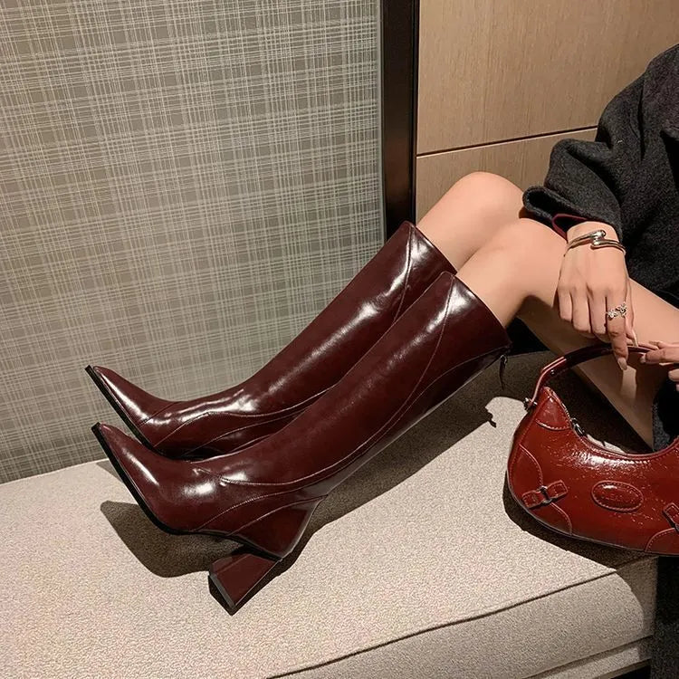 Retro Maillard tube high heel riding boots for women in black, brown, and wine red colours