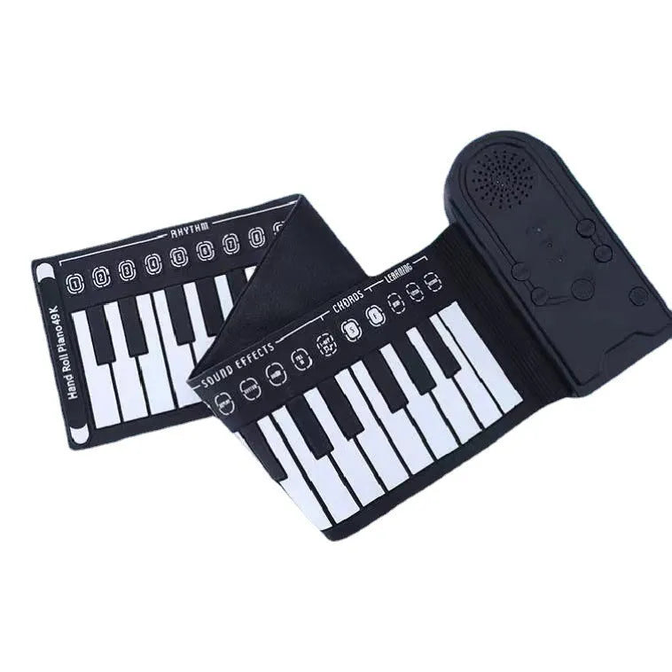 Folding electronic keyboard showing 49 silicone keys, folded to 28cm length with pearl white finish