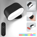 Remote touch magnetic wall lamp with oval white or black design, showing 360-degree rotation and control options.