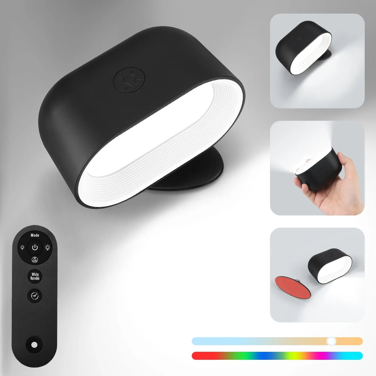 Remote touch magnetic wall lamp with oval white or black design, showing 360-degree rotation and control options.