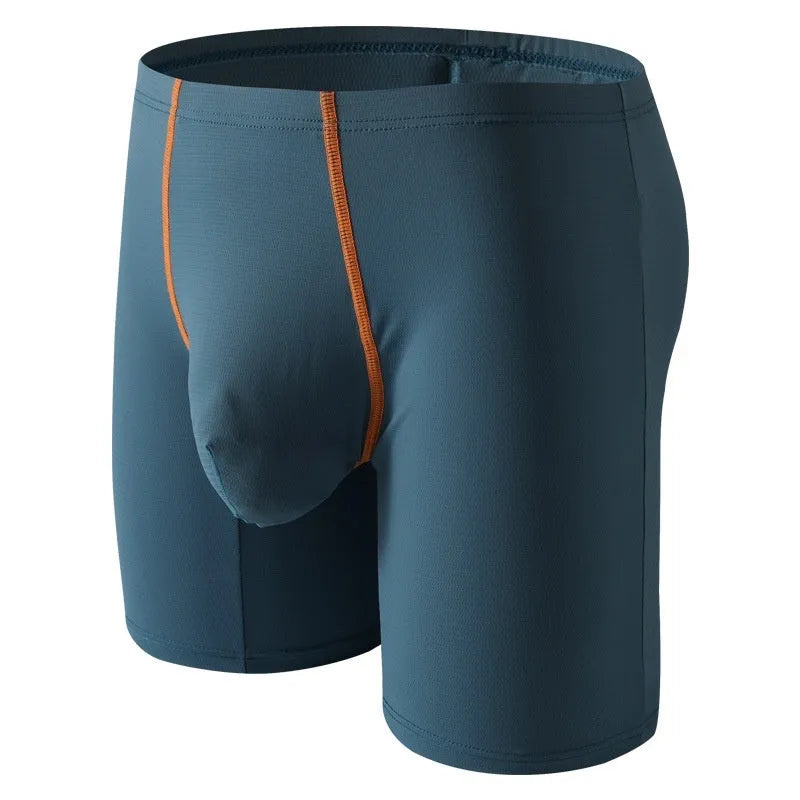 Men's mid-waist lengthened boxers in black ice silk nylon fabric on a white background.