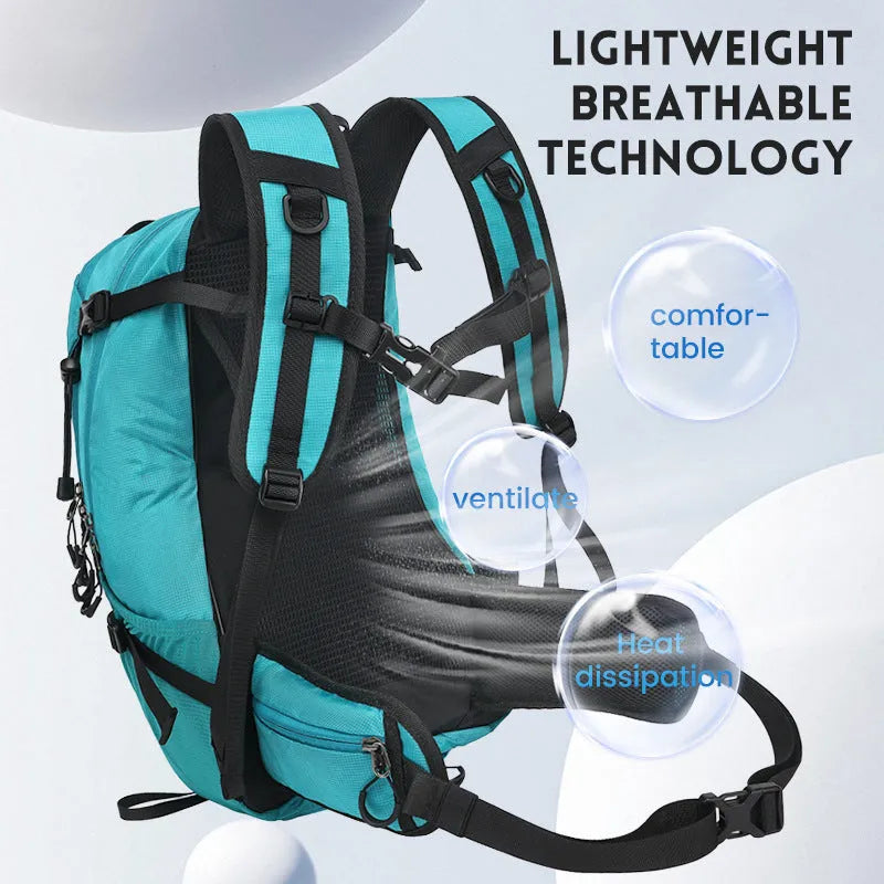 Solid-colour waterproof Oxford cloth hiking backpack with a structured back, shown in lake blue.
