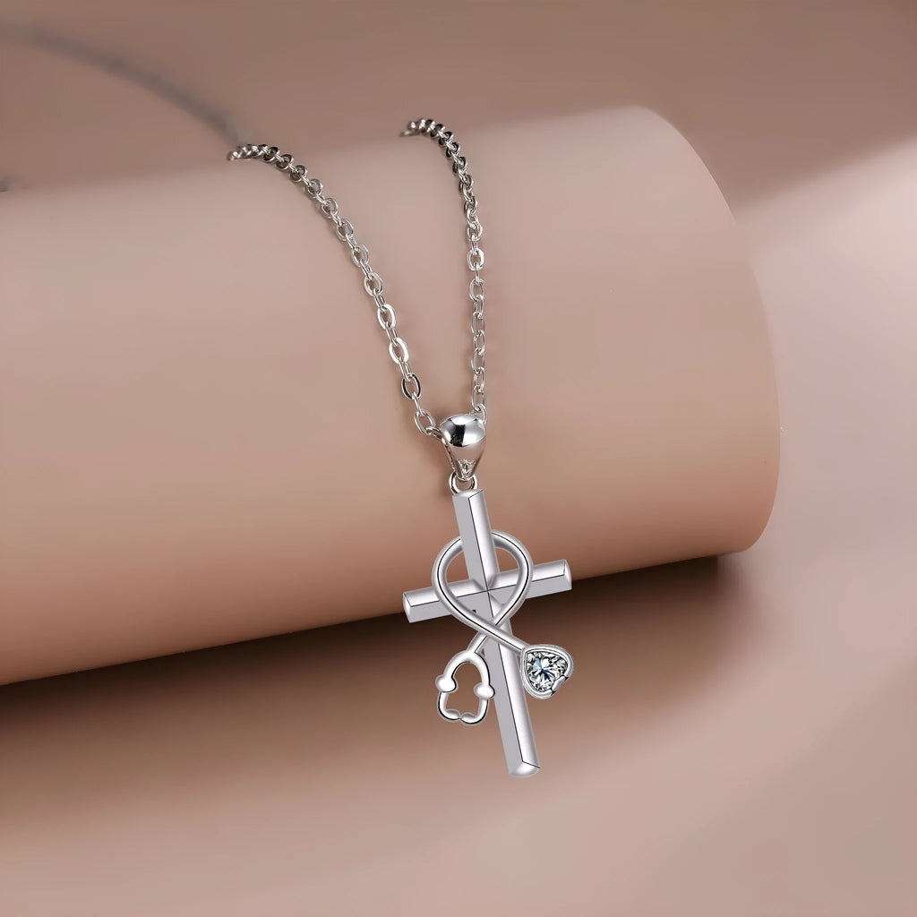 Original design copper stethoscope pendant necklace with a cross chain for women.