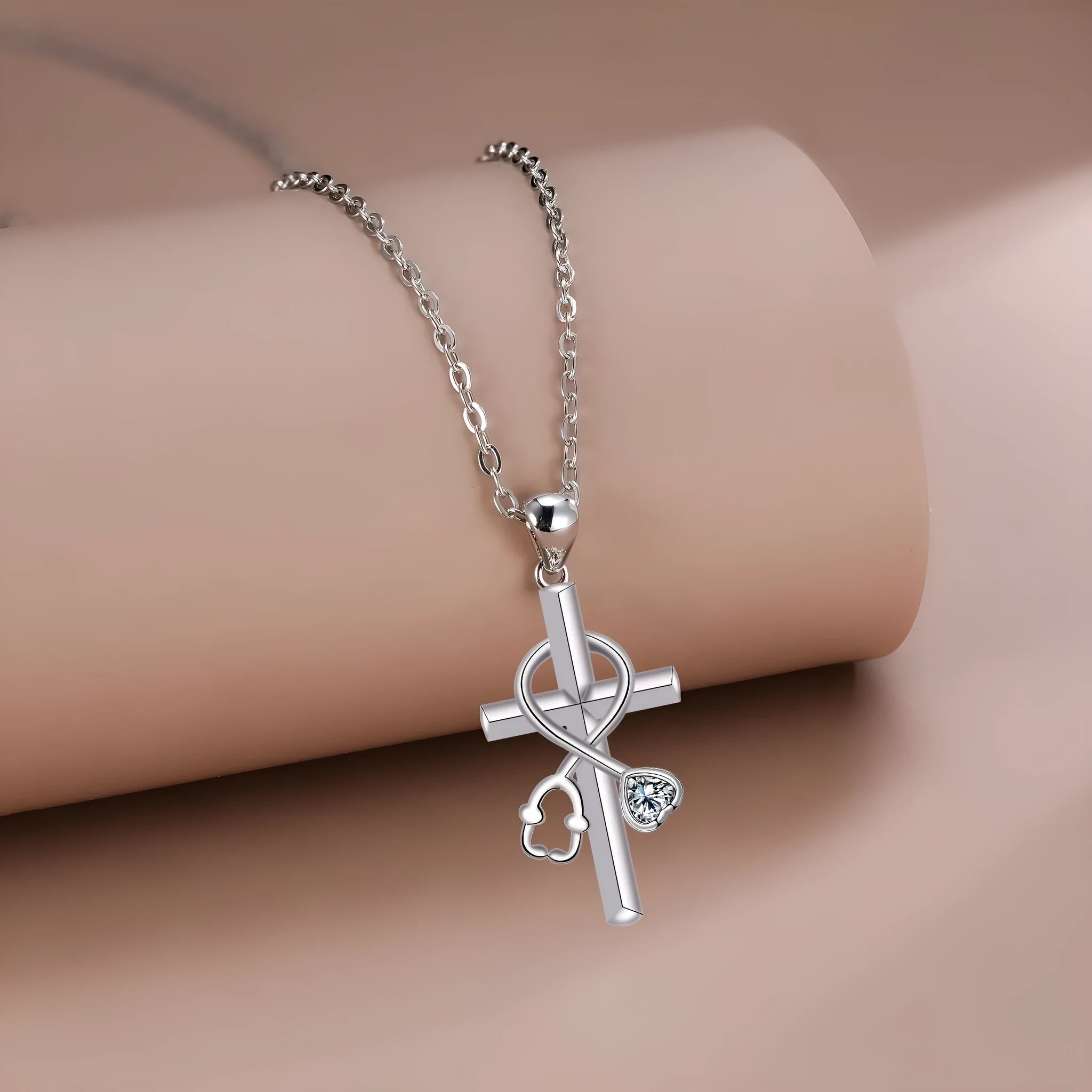 Original design copper stethoscope pendant necklace with a cross chain for women.