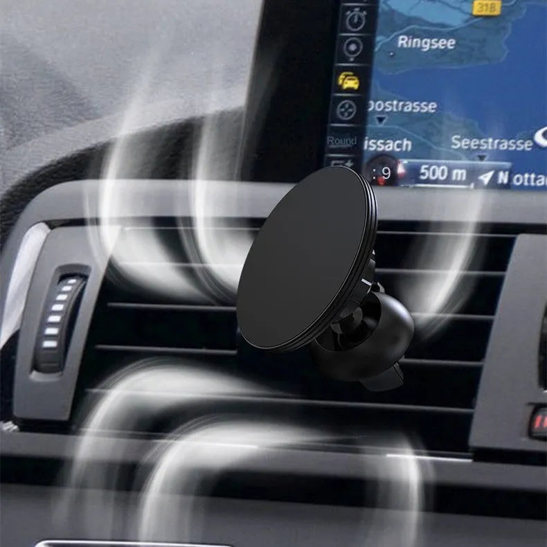 Black aluminium alloy magnetic car phone holder mounted on vehicle air vent with smartphone attached