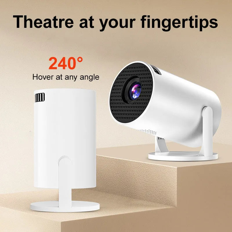 White portable projector showing wireless HD projection capability with compact design