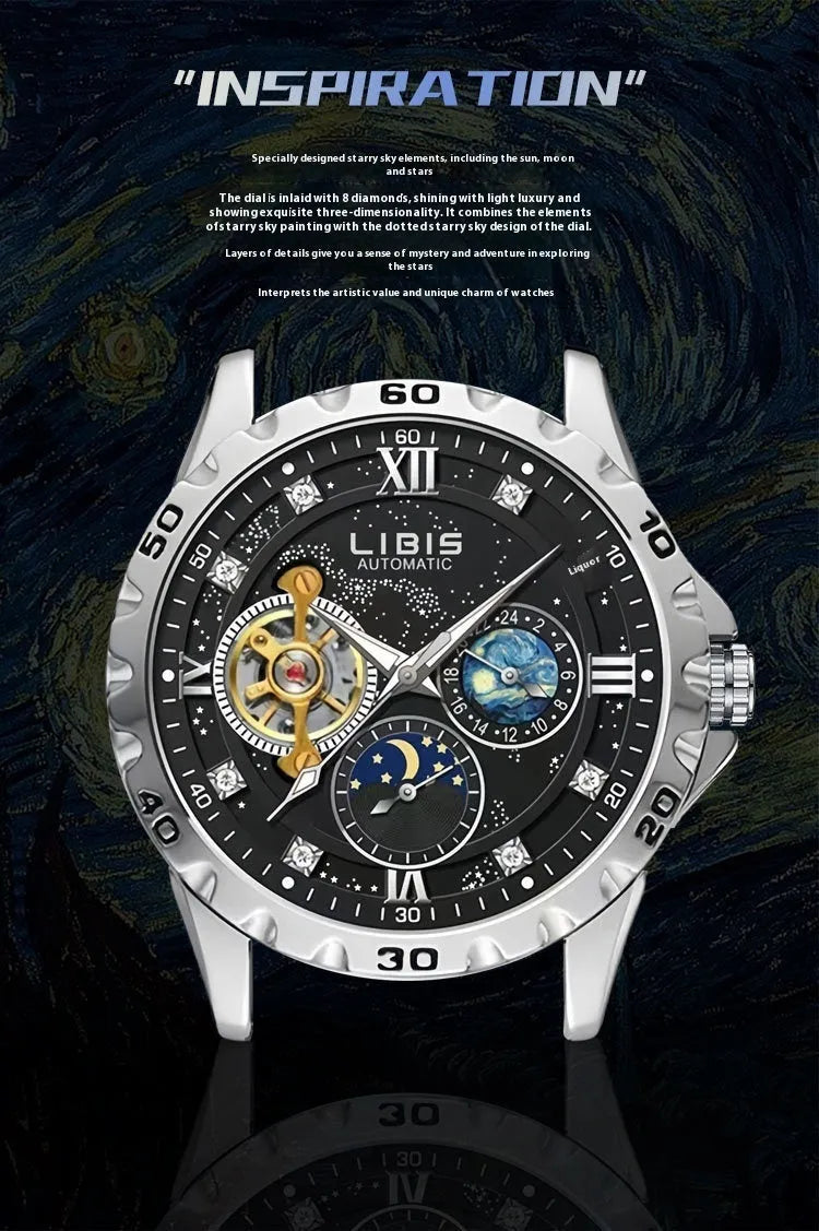 Men's silver case black dial automatic watch with luminous markers and genuine leather strap