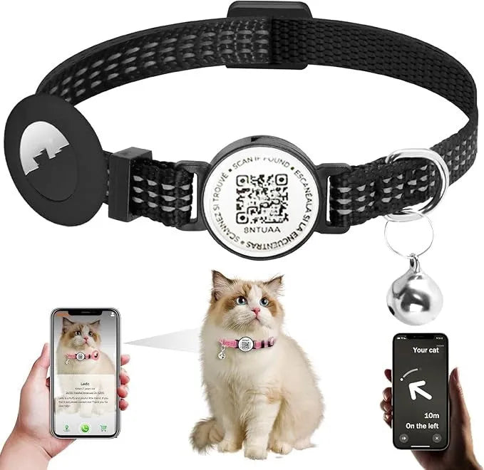 QR code pet collar with silicone AirTag case, reflective stripe or three-line rope, black pink sky blue, 30.48cm
