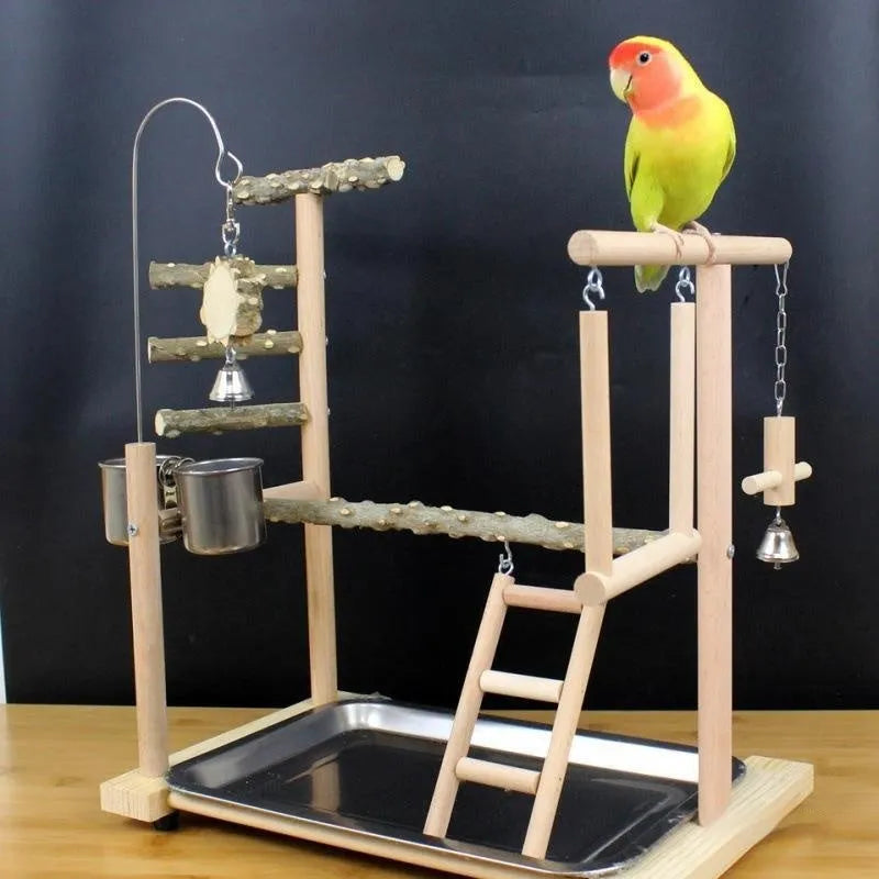 Natural pepper wood parrot stand with toy rack and textured tiger skin peony design.