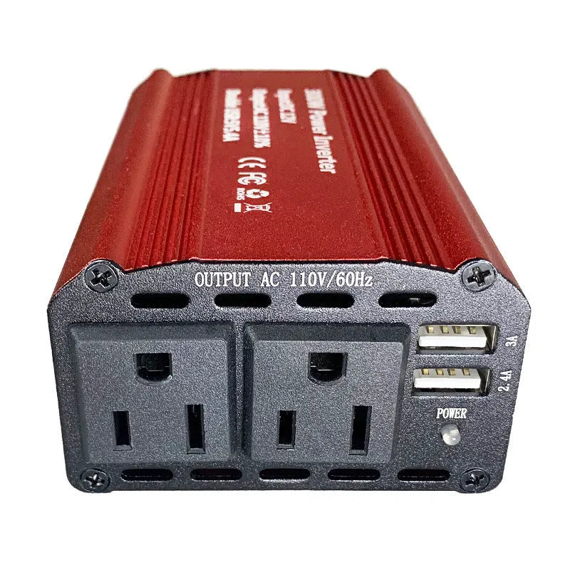 300W car inverter, 12V to 110V, dual USB ports, alloy body, 125 x 80 x 46mm, red or black