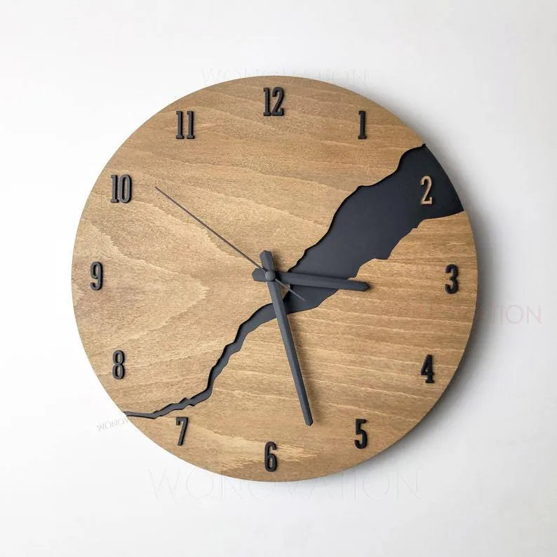 Modern wooden wall clock with cracked finish showing black hands and Arabic numerals on 30cm diameter face