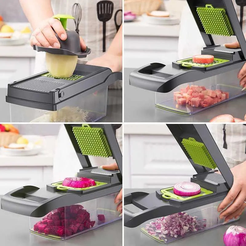 Grey stainless steel vegetable cutter with interchangeable blades and kitchen accessories