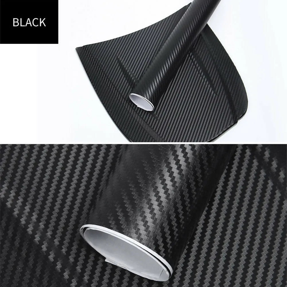 Roll of black carbon fibre textured vinyl sticker for car decoration, showing 3D pattern.