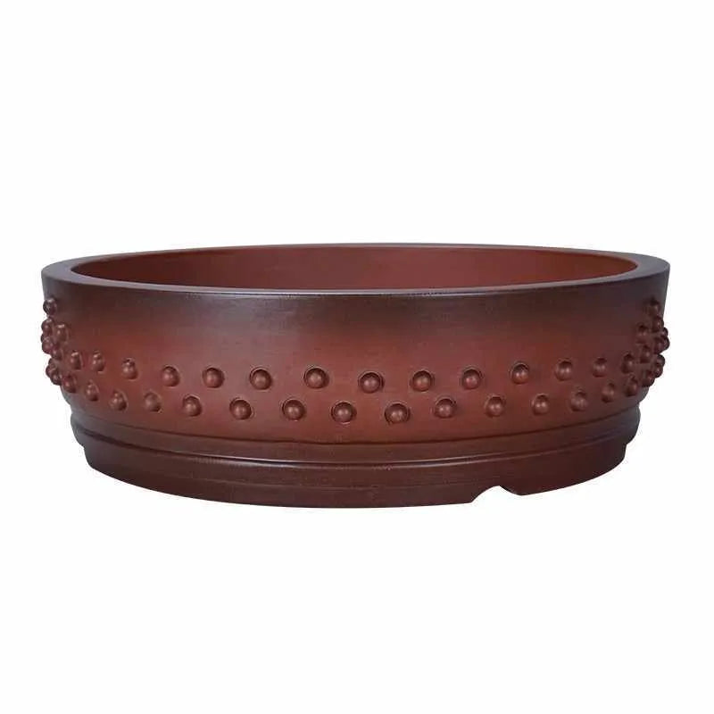 Small retro plain cement flower pot with ancient nail round design and breathable purple sand construction