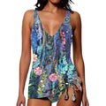 Women's printed triangle bikini top and matching shorts swimsuit set in Spandex fabric.
