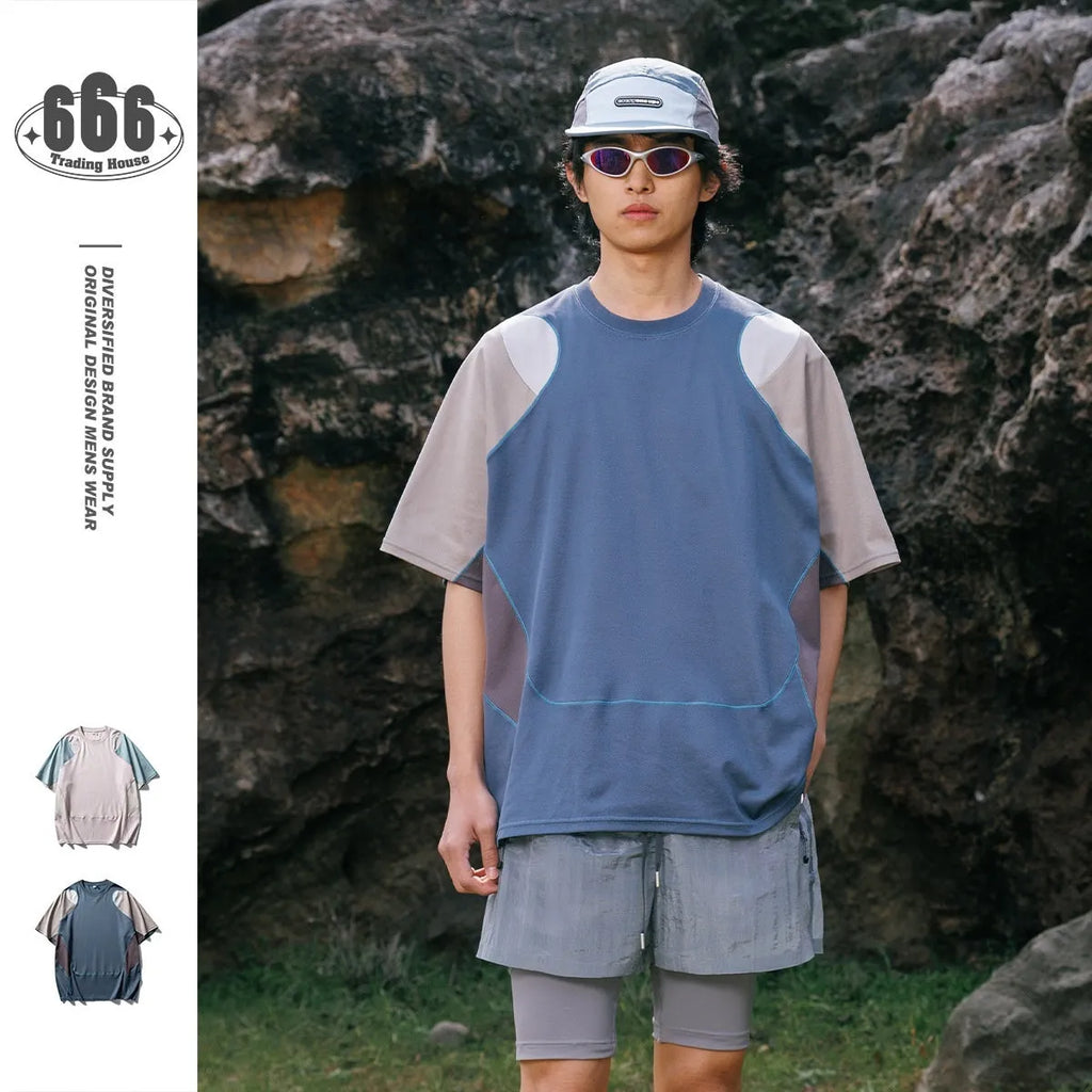 Men's loose fit sports t-shirt with patchwork contrast colour design and raglan sleeves in cotton blend fabric