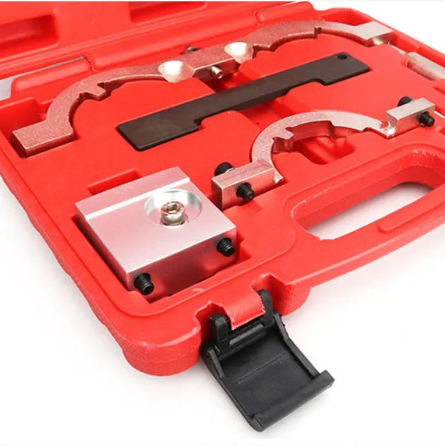 Opel 1.4 engine timing tool set with 7 chrome-vanadium steel pieces, red colour, dimensions 215x210x60mm