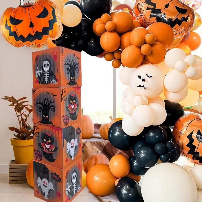 Four orange aluminium foil ghost balloons with blood wine bottle designs for Halloween decoration