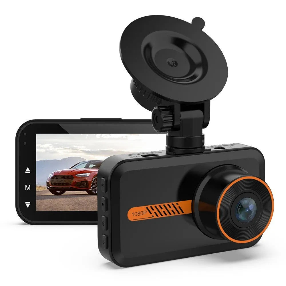 ThiEYE front and rear dash cam with 3-inch screen, suction cup mount, car charger, and waterproof rear camera