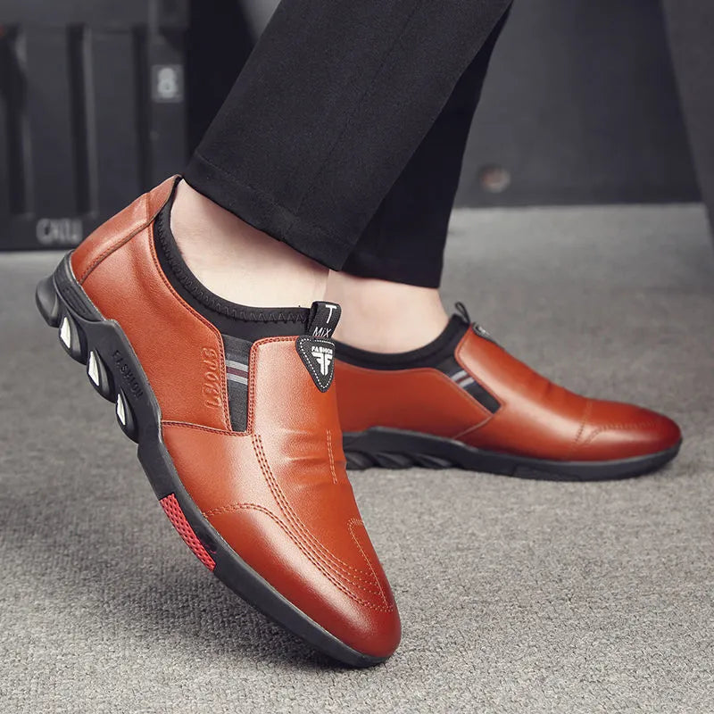 Mens black and brown PU leather lace-up business casual shoes with flat sole