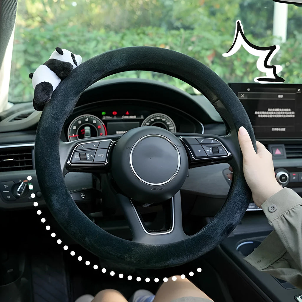 Black plush panda steering wheel cover and matching shoulder pad set for cars