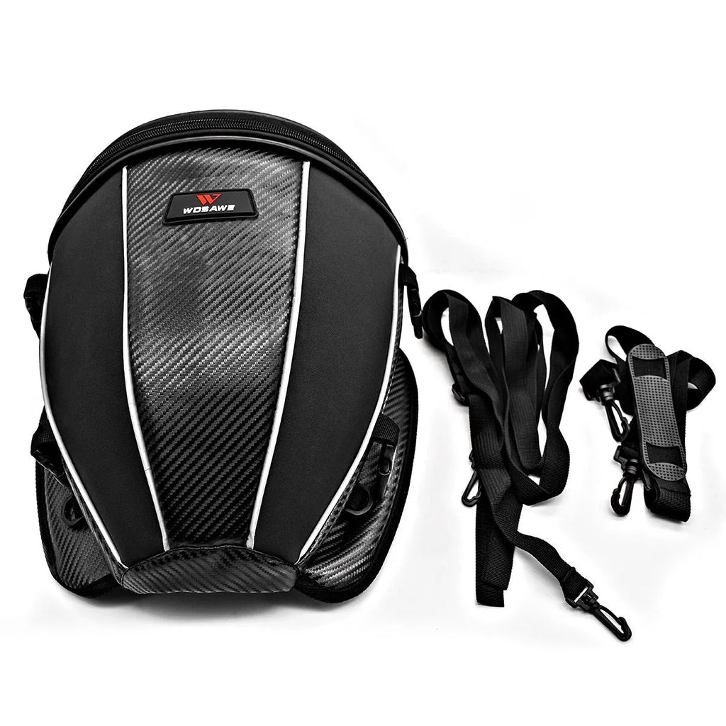 Black waterproof motorcycle tail seat bag with reflective strip and shoulder strap