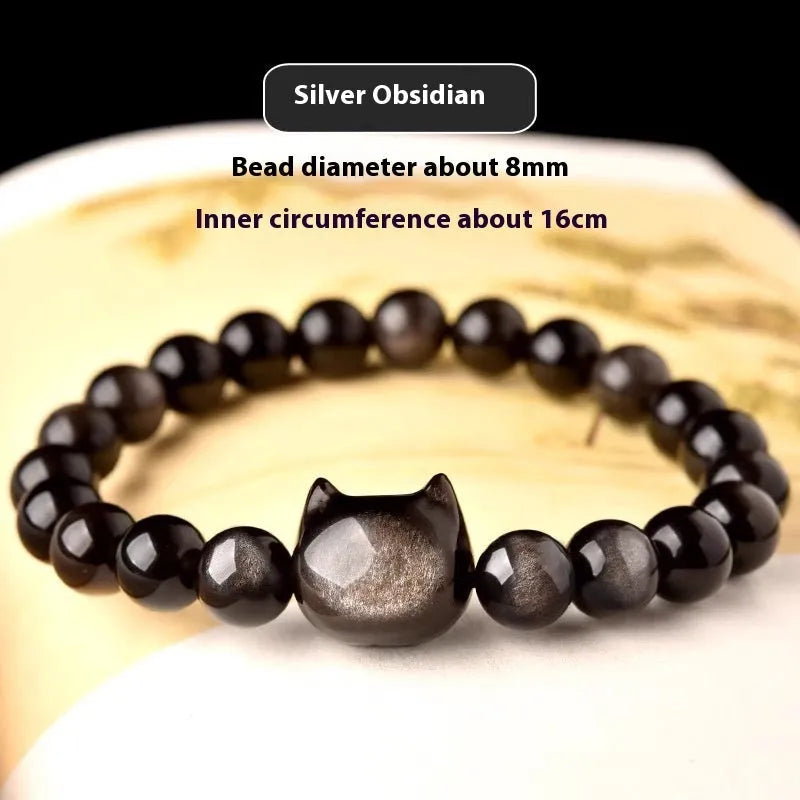 Obsidian cat head bracelet in gold or silver style with round polished stone beads