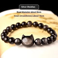 Obsidian cat head bracelet in gold or silver style with round polished stone beads