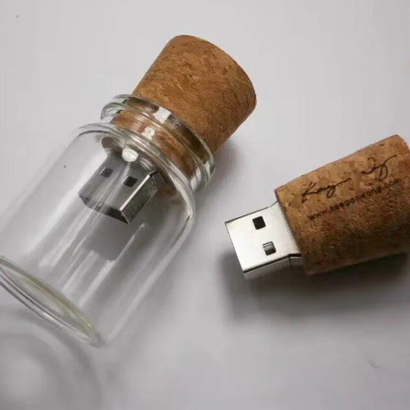 Transparent wooden bottle USB flash drive measuring 60mm by 28mm with capacity options up to 64GB