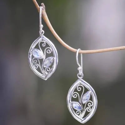 Women's silver leaf earrings with colourful moonstone accents and alloy construction
