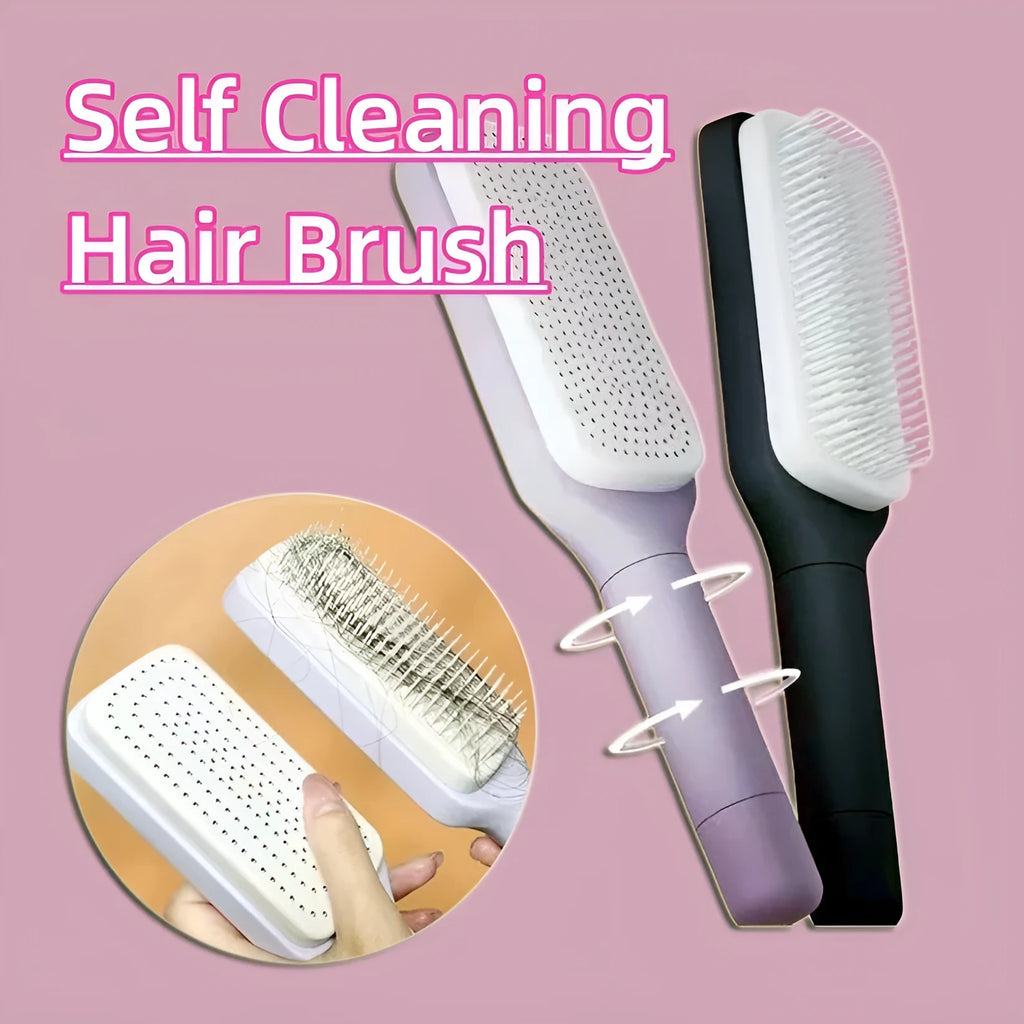 Purple self-cleaning hair brush with telescopic handle showing rotating mechanism and comb teeth