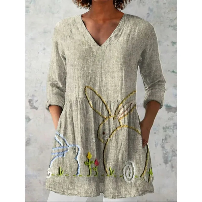Printed women's wave loose dress with 3/4 sleeves and wide waist design in polyester fabric