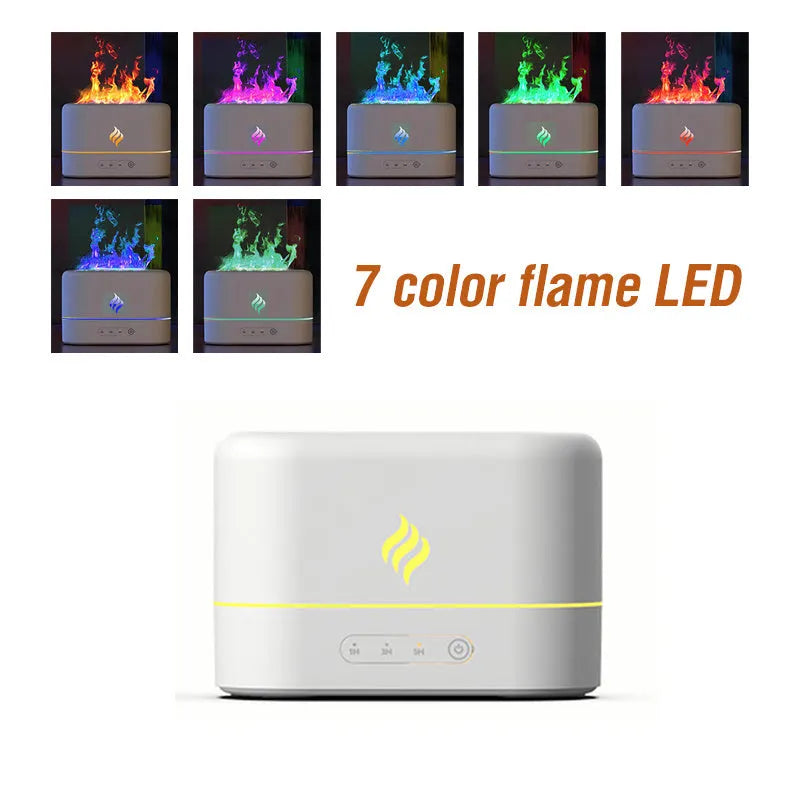 Compact black and white seven-colour flame effect aromatherapy humidifier with USB port and mist outlet.