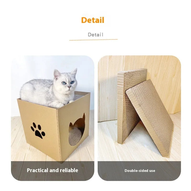 Vertical corrugated paper cat scratch board measuring 30cm cube in pet milk carton colour