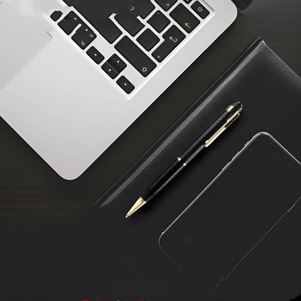 Black pen-shaped digital voice recorder with zinc alloy body and high storage capacity.