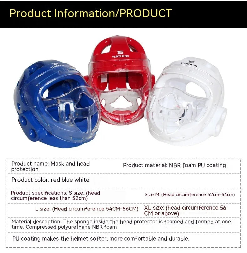A white, blue, and red karate helmet for boxing head protection, shown in sizes S, M, L, and XL.