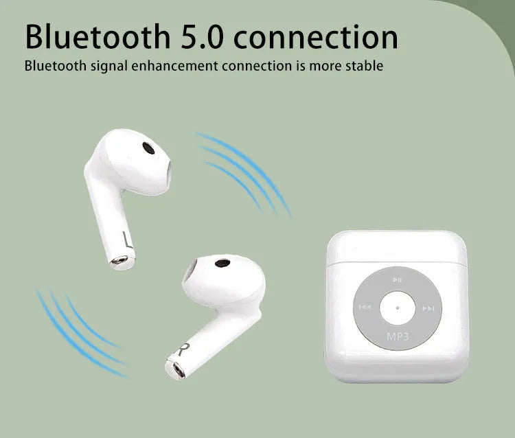 White wireless Bluetooth earphones with charging case showing semi in-ear design and compact size