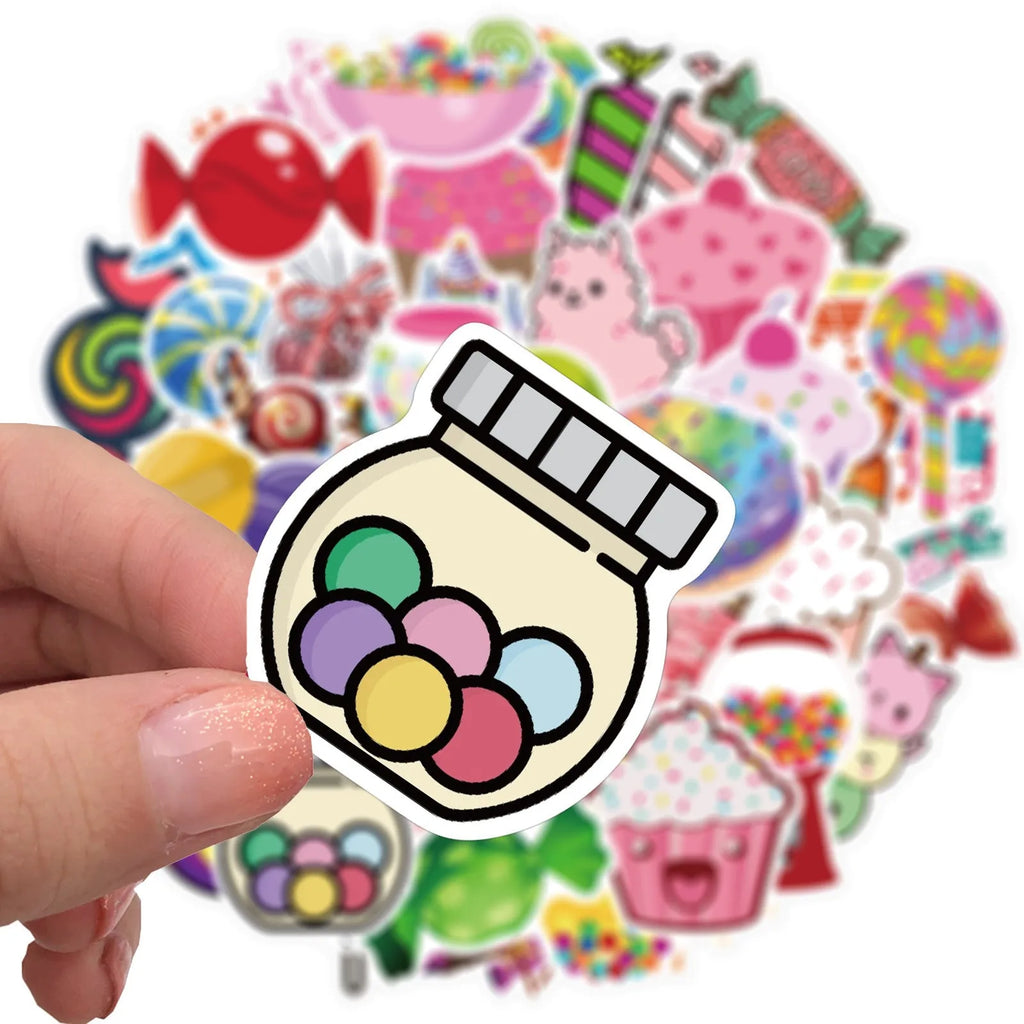 50 colourful graffiti stickers in candy series with cartoon and cute patterns, each 4-6cm