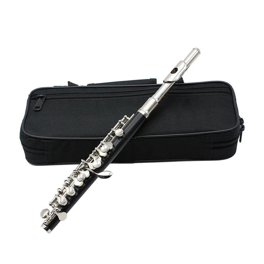 C key piccolo with bakelite tube body and silver plated finish, 31cm, shown with cloth box and cleaning accessories
