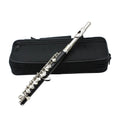 C key piccolo with bakelite tube body and silver plated finish, 31cm, shown with cloth box and cleaning accessories