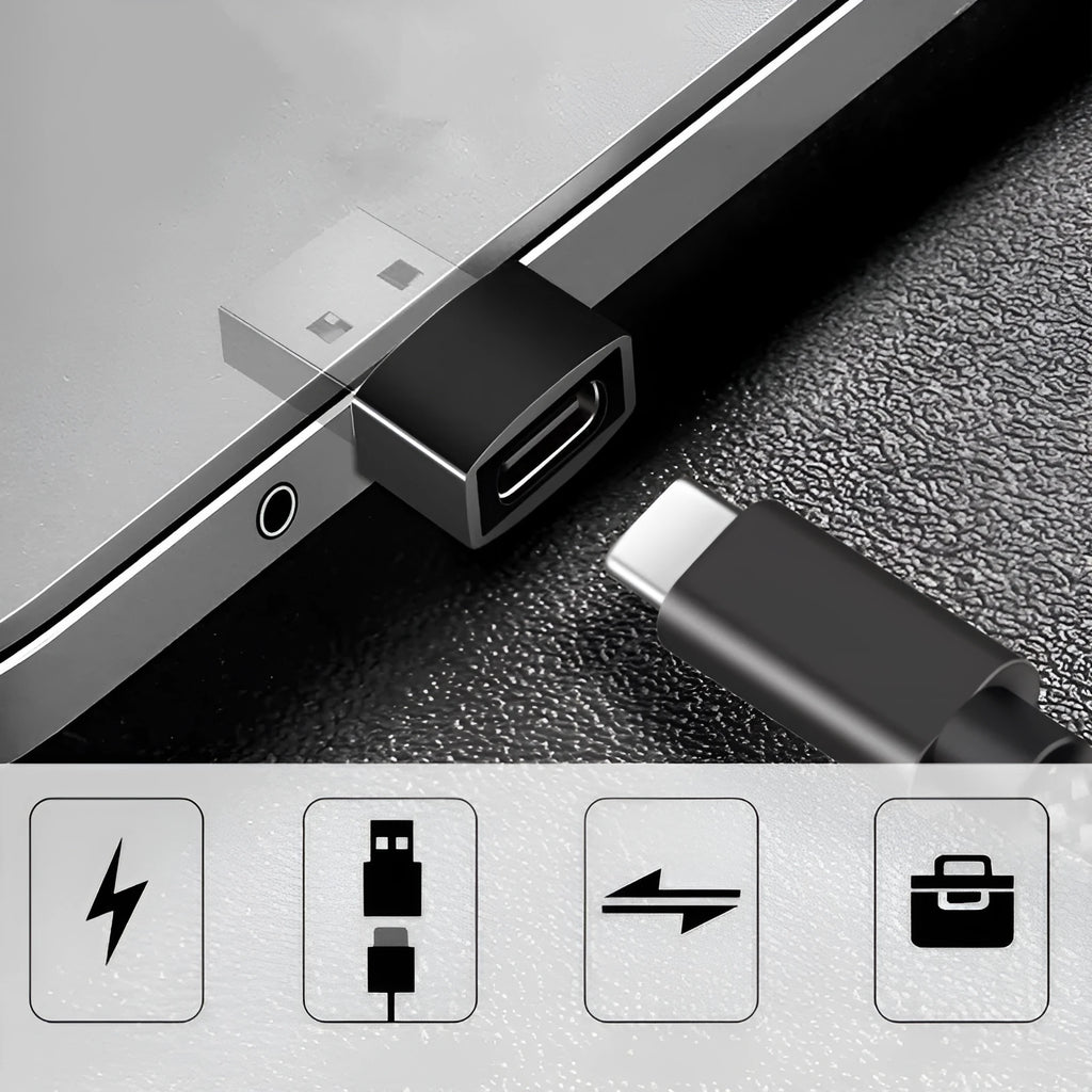 USB male to Type-C female adapter in black or silver colour with plastic stainless steel construction