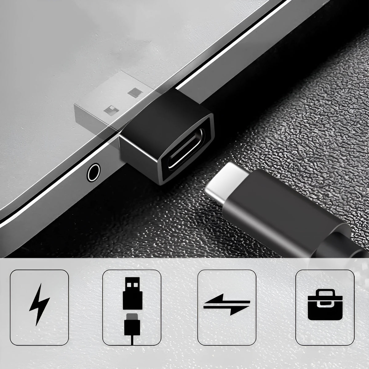 USB male to Type-C female adapter in black or silver colour with plastic stainless steel construction
