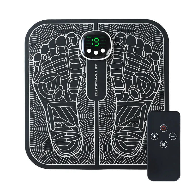Reflexology foot massager mat with USB charging, showing blue foot pad and push-button controls for 8 modes and 19 intensity levels