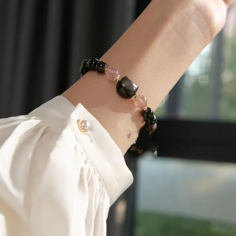 Black obsidian gemstone bracelet with 8mm beads and silver kitty charm accessories
