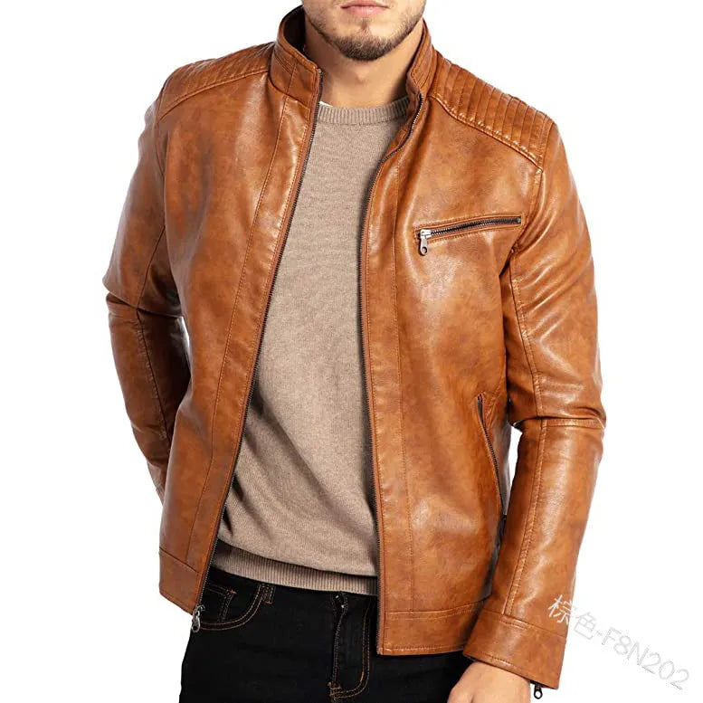 Men's artificial leather motorcycle jacket with stand collar and straight hem design in Army Green colour