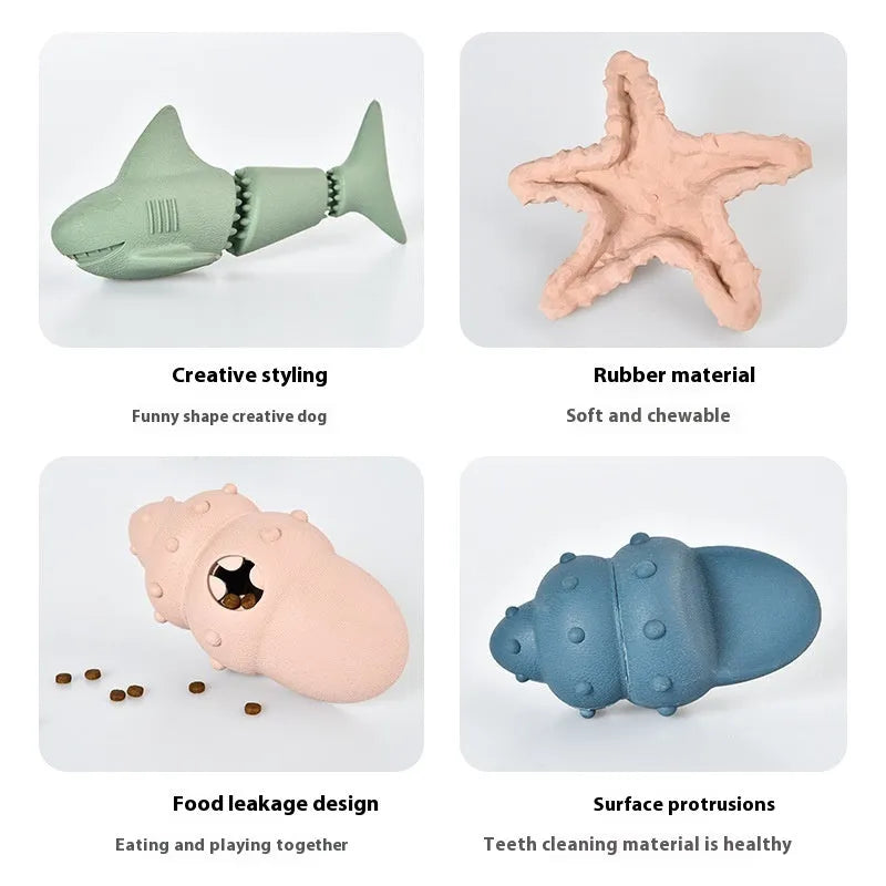 Deep sea shark rubber dog toy showing marine animal shapes in blue and green colour options