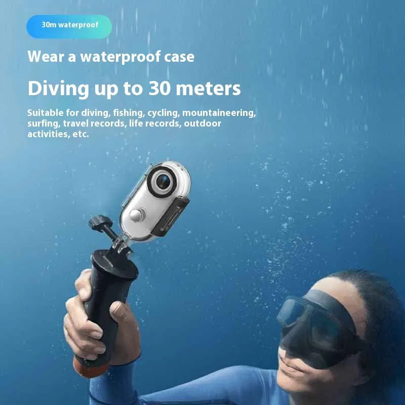 Small black 4K action camera with magnetic mount attached to a bicycle helmet.