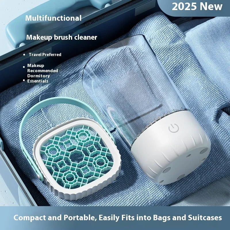 White electric makeup brush cleaning device with rotating silicone heads, 24cm length, USB rechargeable battery